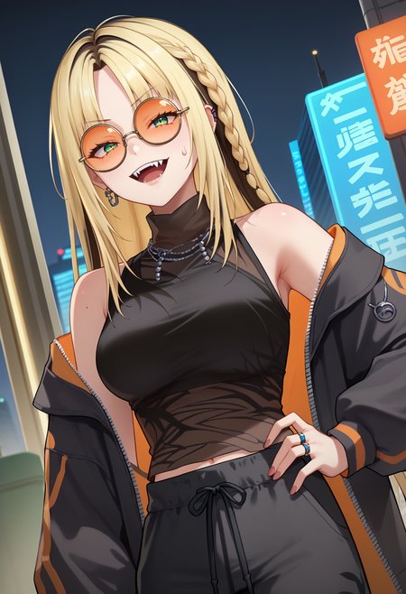 score_9, score_8_up, score_7_up, anime screencap, source_anime, 1girl, solo,
<lora:Koganei_Niko_Hololive_V1:.85>, KJOniko, blonde hair, green eyes, streaked hair, long hair, parted bangs, single braid, 
lace turtleneck, bare shoulders, open jacket, long sleeves, off shoulder, sweatpants, orange round sunglasses, tinted eyewear, 
hand on own hip, contrapposto, dutch angle, smug, open mouth, fangs, from below, 
city, night, 
(Beautiful, medium Breasts:1.2), mature female,