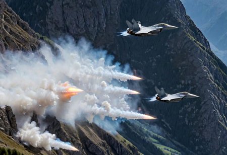 (Pilots flying the Euro Fighter jets between  mountains), (displaying the low level flying capabilities of the Euro Fighter jets), hitting amazing speeds as the tilt and wind through the  valleys and canyons, (view from side of euro fighter jets), (launching missiles with a stream of white vapors with flames), (a true display of military might power), (motion scenes), (pain staking attention to fine details of the jets) ,4k, surreal, (epic photography),