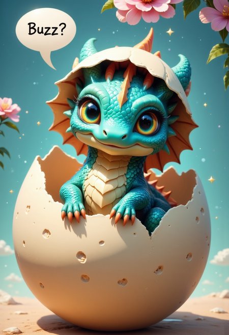 The picture captures the moment when a chibi dragon hatches from an egg, the head looks out of the top of the egg, the shell is on his head, the dragon looks super cute at the viewer, above him is a speech bubble with the inscription "Buzz?", cuteness overload, its scales have rainbow colors, the dragon stretches its arms out to the viewer