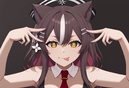 1girl, solo, close up, aihoshinopose, double v, tongue out, chisaka1st, hairclip, hair flower, hat, red necktie, necktie between breasts, detached collar, cleavage, black dress, sleeveless