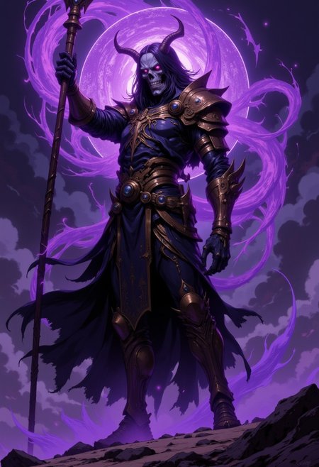 Dark, ethereal figure, necromancer style, wielding staff, casting purple magic, detailed armor, gothic fantasy,  fantasy illustration,  mythic creature,  ancient sorcerer,  ornate robe,  gold and bronze metallic textures, skeletal,  visually striking,  powerful aura,  dramatic lighting,  character portrait,  purple and muted tones,  epic fantasy art, detailed  sculpting,  grim and mysterious mood, misty environment,  magic, fantasy,  high detail,  stylized illustration,  digital painting,  dark fantasy,  fantasy art,  large format.