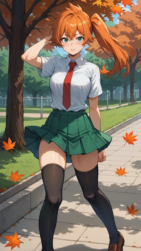 score_9,score_8_up,score_7_up,score_6_up, <lora:xl_more_art-full_v1:0.5>, source_anime, girl, dynamic pose, one arm behind her back, <lora:Itsuka Kendo (Battle Fist) - Pony-000004:0.8>, long hair, orange hair, side ponytail, green eyes, school uniform, red necktie, green skirt, pleated skirt, black thighhighs, park, autumn leaves, wind,