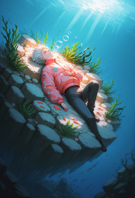 painterly,traditional media,low quality,pastel colors,blending,(no lineart),glow,
1boy,white hair,short hair,spiky hair,parted lips,pink bomber jacket,cream slacks,lying down,one knee up,submerged,buried,looking up,bubbles,fish,visible breath,
ocean,seaweed,rocks,shells,fish,haze,floating hair,god rays,light particles,depth of field,from above,dynamic angle,
incredibly absurdres,highres,
