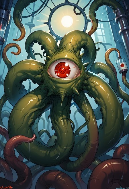 score_8, score_8_up, score_7_up, source_cartoon, no humans, solo, Shuma Gorath, cyclops, red eye, eldritch abomination, tentacles, laboratory