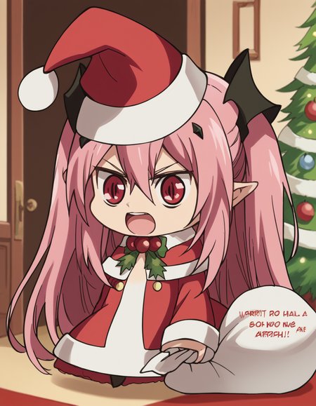 score_9, score_8_up, score_7_up, source_anime, <lora:krul-tepes-s2-ponyxl-lora-nochekaiser:1>, krul tepes, long hair, red eyes, pink hair, pointy ears, hair ornament, anime screencap, <lora:padoru-ponyxl-lora-nochekaiser:1>, padoru, padoru (meme), holding sack, sack, santa hat, meme, christmas, open mouth, chibi, red capelet, santa dress, capelet, fur-trimmed headwear,, , dutch angle, cowboy shot