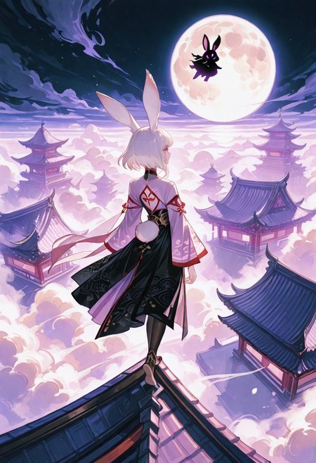 masterpiece, best quality, amazing quality, very aesthetic, absurdres, newest, A beautiful traditional Chinese woman gracefully stands on the clouds at the edge of the roof, Walking on the clouds, her elegant silhouette outlined against the dark night sky., She gazes up at the full, round moon that illuminates the heavens with a soft, ethereal glow. Her delicate hanfu, embroidered with intricate patterns, flow gently in the night breeze, catching the faint light of the moon. 
BREAK
Wererabbit, rabbit ears, fluffy, uncensord, droopy ears, from above,