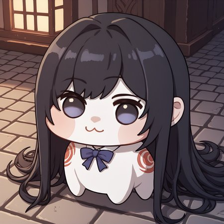 score_9, score_8_up, score_7_up, source_anime,  <lora:Doro_X_PDXL_V1:1> doro, creature, chibi, :3, white skin, <lora:ShanoaCV-pdxl:0.77> shanCV, long hair, black hair, tattoo, blue bowtie, cobblestone, night