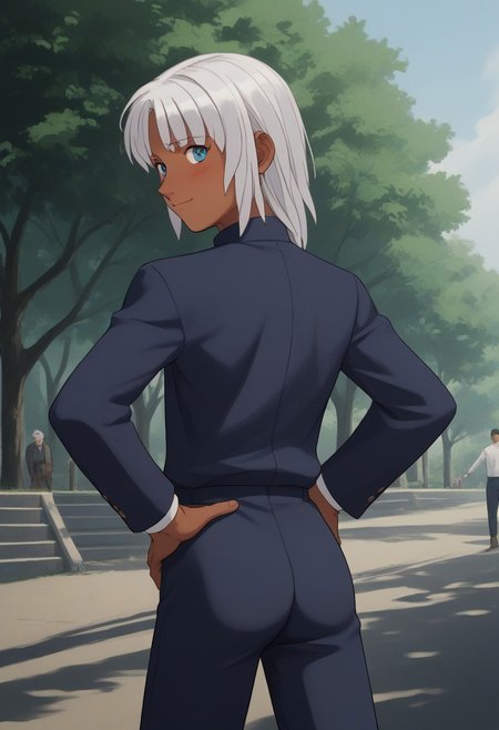 nsfw,score_9, score_8_up, score_7_up, source_anime,masterpiece, best quality, 1990s (style), 
1femboy,loran cehack, dark skin, white hair, blue eyes,
(embarrassed,smile,blush),hands on hip,upper body,
BREAK (public indecency,undress,open shirts ,back,ass,boy focus,cowboy shot,open stance:1.2),looking back at viewer,from behind,outdoor,wood