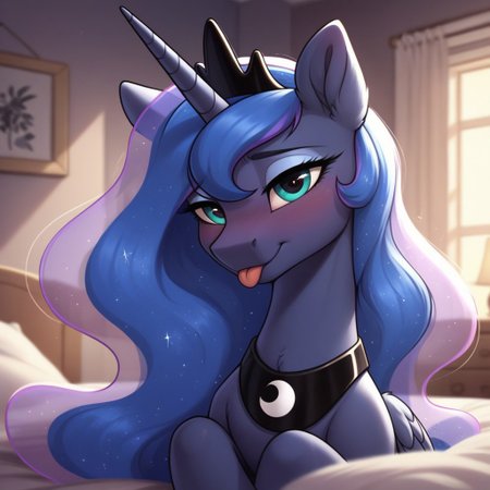 score_9, score_8_up, score_7_up, score_6_up, pony, alicorn, (feral), mare, solo, (princess luna), no breasts, bedroom, indoors, (night), tail, photo_realistic, blushing female, face focus, silly face, looking at you, closed mouth, tongue out, face only, face focus, close-up, upper body
