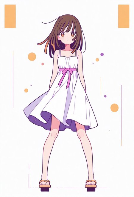Flatline, Flat vector illustration, looking at viewer, full_body, 
nadeko, long hair, long bangs, brown hair, white dress, sundress, ribbon, bare shoulders,
slim, slender, knees, long legs, beautiful legs, barefoot, geta wooden sandals, 
from front, front view, straight-on, look at viewer, standing, (legs apart:1.4), 
white background,