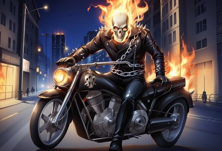 masterpiece, best quality, amazing detail, Tirotata, GhostRider, skull head, on fire, leather jacket, leather pants, gloves, spikes, chain, motorcycle, chain, chain on fire, street, city, night,