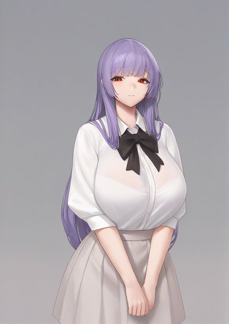 1girl, furude rika, huge breast, aged up, blouse, bow, hime cut, long hair, purple hair, red eyes, shirt, skirt, solo, <lora:VekSoo:1>