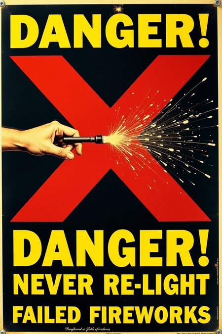 A stark, graphic vintage safety poster in shades of red, yellow, and black. It shows a hand reaching out to pick up a smoking, unexploded firework. A large, bold red "X" is superimposed over the firework. Below, in clear, blocky yellow letters: "DANGER! NEVER Re-light Failed Fireworks." Emphasize the immediate danger and the clear warning message.  <lora:REMEs_War_Poster_Style:0.95> In REME's War Poster Style,âââ