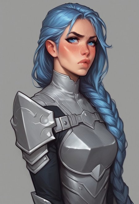 beauty female, mesmerizing, cute-faced, Dimpled, light blue Almond-shaped eyes , Gray/Silver, Long Hair Styles Layers, Fair, Sloppy, Disheveled,  Pout,  Blush,  Determined, Fidgeting, Freckles, futuristic skin tight leather armor, (((full-clothed))), ((long big sword in hands, sword in hands)) 
BREAK 
strange world background score_9, score_8_up, score_7_up, score_6_up, source_cartoon, rating_explicit, Expressiveh, (((((portrait))))), dynamic pose