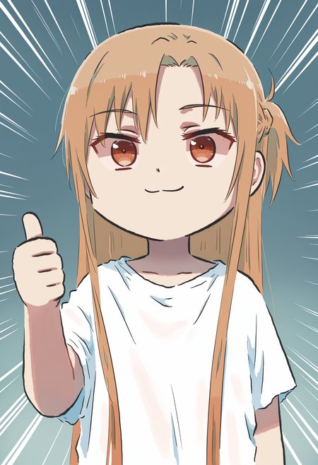 masterpiece,best quality,high resolution,source_anime,highly detailed illustration,
seductive, detailed eyes, very aesthetic,absurdres,newest, amazing quality,
detailed eyes, absurdres,newest, amazing quality,
<lora:shiXinzoroV1ill:1.0>, shixinzoruo,  chibi,
1girl, solo,
asuna \(sao\), 
emphasis lines, smug, thumbs up