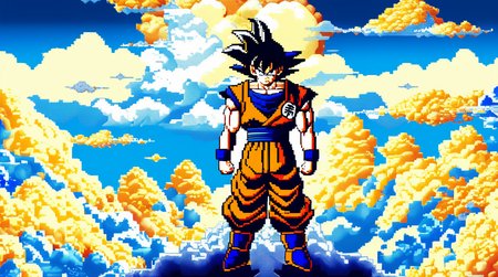 songoku on the cloud, comic, masterpiece, Pixel Art, highly detailed <lora:pixel_art_lora:1>