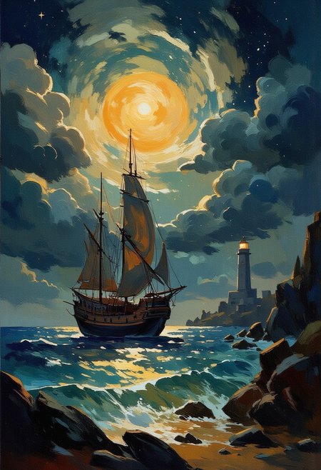 Create a photorealistic  drawing in the style of Ivan Aivazovsky depicting a stormy sea. Image is drawn with oil on canwas with characteristic brush strokes and texture. Under the eerie glow of a full moon, a dark and ominous ocean landscape unfolds. A vibrant, (fishing sail ship:1.4) stands by the edge of a serene ocean, its vivid hues contrasting starkly with the foreboding atmosphere. Ship from side view, In the background, a lighthouse stands atop jagged rocks, its light cutting through the darkness and reflecting off the ocean's surface, glistening in the moonlight. Thick, swirling clouds loom overhead, adding to the sense of an evil presence. The moonlight filters through the clouds, casting an otherworldly glow over the scene. A falling star streaks across the sky, adding a touch of mysticism to the night. The air is thick with a sense of ancient secrets and dark magic, as if the very night is alive with hidden power. OverallDetailXL, highly detailed, aesthetic, great lighting, extremely detailed,  award winning, perfect composition, a rich and complex image of nature, a vibrant tissue of hues and textures captured digitally, best quality, realistic, captivating, intricately detailed, hyper detailed, maximalist style, photorealist, sharp focus, dynamic lighting, superb composition, finest details, highest aesthetics, best quality, sharp focus, high contrast, stylized, clear, colorful, ultra quality, 8k, best quality, masterpiece,midjourneyv6.1