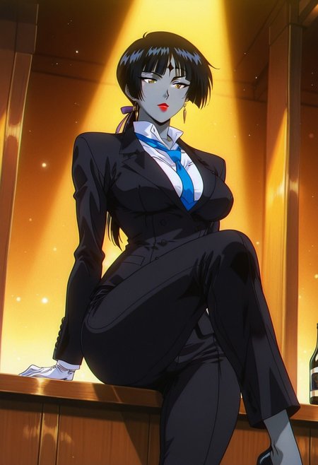 LuluBellDGR, 1girl, solo, colored skin, grey skin, facial marks, black hair, long hair, blunt  bangs, ponytail, hair ribbon, yellow eyes, sunglasses, lips, red lipstick, formal suit, pant suit, black jacket, white shirt, blue necktie, large breast, white gloves,  black pants, black shoes, thick thighs, high heels,
,seductive pose, sexy pose, tease, 
masterpiece, best quality, fine details, intricate details, depth of field, subsurface scattering, bokeh,
 ultra-detailed, very aesthetic, detailed background, newest, scenery, highres, absurdres, colorful, vibrant, glowing, perfect face, 2d, perfect eyes,  vibrant saturated colors, volumetric lighting, sharp, detailed eyes, perfect anatomy,  perfect face, perfect eyes, mature body, clear eyes, beautiful eyes, athletic, curvy body, athletic girl, perky tits, perfect tits, round breasts, pinup pose, teasing, lustful expression, perfect hands, 
muscular female, dutch angle, 
loose necktie, collared shirt, pants, bar /(place/), sitting, prostitution, knee up, 
,Smooth Negative, Smooth_Quality,
90s_anime_aesthetic, 1990s (style), retro, retro artstyle