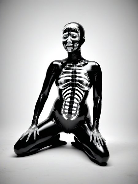 woman arms behind head, body leaning forward slightly, legs crossed, thoughtful and relaxed body language, wearing rubber gimp suit, grotesque, abstract, x-ray art, <lora:DeconDada-000008:0.7>