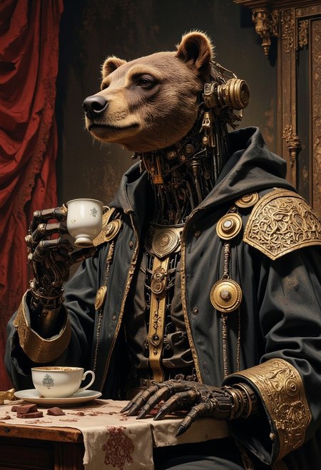masterpiece, best quality, create a detailed oil painting in a dark fantasy style featuring a cyborg bear  robot dressed in traditional Russian attire. The bear should be holding an ancient teacup in one paw and a chocolate bar in the other. Incorporate techniques from digital portrait art and fantasy illustration, using digital airbrushing to enhance the details. The artwork should be inspired by the Renaissance, showcasing realism and the qualities of portrait photography. Focus on creating a captivating and imaginative portrayal of this unique character, Cinematic, beautiful, vibrant, masterpiece, 32k, ultra HD, ultra-detailed, amazing quality, amazing artist, sharp edges, detailed textures, full view, atmospheric lighting, amazing visuals