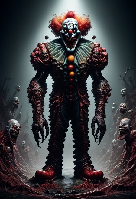 score_9, score_8_up, score_7_up, score_6_up, score_5_up, very aesthetic, fleshmutant, biopunk, full body, standing, grotesque, fleshy, horror clown in old-fashioned clown costume, evil clown, scary clown makeup, pointed triangle teeth, creepy oversized smile, fat, inflated, Latex skin, grimdark lighting