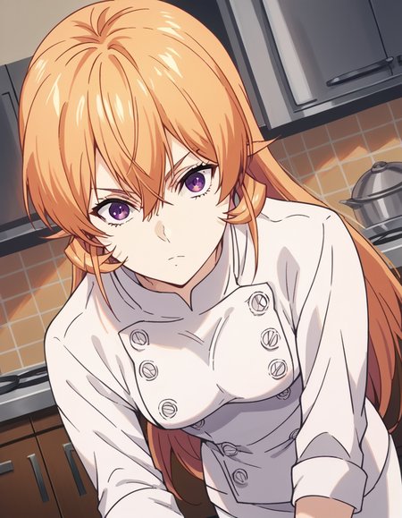 score_9, score_8_up, score_7_up, source_anime,
erinanakiri, <lora:erina-nakiri-s1-ponyxl-lora-nochekaiser:1>,
erina nakiri, long hair, orange hair, purple eyes, hair between eyes,
pants, white pants, chef, long sleeves, sleeves rolled up,
indoors, kitchen, bent over,
looking at viewer, cowboy shot, dutch angle, solo,