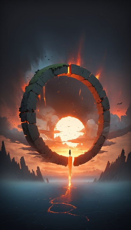 <lora:DarkestDungeonSDXL:0.7> ddstyle Aerial view of stratocumulus forming a circular portal in the horizon by Ismail Inceoglu and Studio Ghibli, portal to a world in fire, 8 k, anime art style, cover art, dramatic scene Octane Render made by Studio Ghibli, great detail of depth, exceptional lighting, sunset, triadic colors, ominous