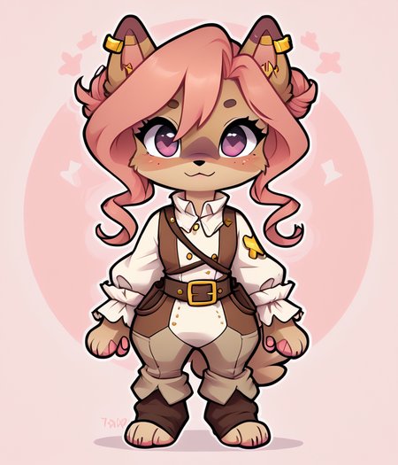 score_9, score_8_up, female, solo, full body, digital art, highly detailed, front yard, cute pirate captain outfit, <lora:hazel:1> hazel, furry, dog girl, beige body, pink hair, purple eyes