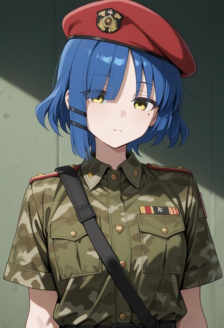 1girl, yamada ryo, bocchi the rock!, military uniform fabric with a strong green-dominant camouflage pattern. Deep green as the primary color, with subtle brown and black irregular stripes creating a classic jungle loreng effect. Focus only on the camouflage pattern and fabric texture, avoiding any human features. High detail, crisp shading, and smooth fabric folds, short sleeves, Red military beret, dumb face, looking at viewer, upper body, mole under left eye,
masterpiece, best quality, amazing quality, newest, absurdres, highres, high detailed, masterpiece, best quality, amazing quality, newest, absurdres, highres, high detailed