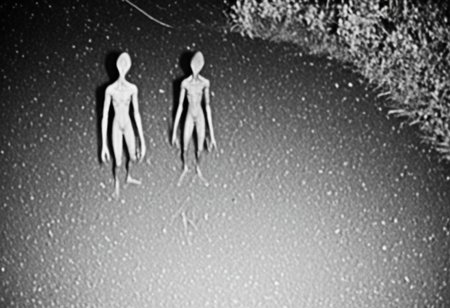 aliencctvlora, black and white nighttime cctv footage of two thin gray aliens skulking around the backyard of a suburban home, (thin bodies:1.2), (big bulbous heads:1.4), tall, long thin arms, thin fingers, long thin necks, (big black eyes:1.4), realistic, grainy cctv, dark footage, dynamic action, candid, olddigitalcamera, raw, light leak, film grain, (jpeg artifacts:0.5), low res