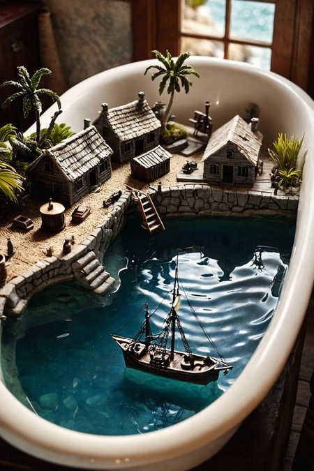 portrait, masterpiece, 4k, ray tracing, intricate details, highly-detailed, hyper-realistic, 8k RAW Editorial Photo.
A realistic, zoomed-out photo of a Caribbean pirate harbor scene, but instead of being set in a real, expansive environment, the entire harbor is situated in a bathtub, giving the impression of a detailed miniature model. The harbor is complete with tiny ships, docks, pirates, shacks, all scaled down to fit within the confines of the bathtub. The water in the tub mimics the appearance of a calm sea, with gentle ripples around the miniature boats. The white porcelain of the bathtub contrasts with the intricate, realistic details of the harbor. Surrounding the bathtub are everyday bathroom items, subtly visible in the background, reinforcing the surreal setting of this miniature world.  There are floating sponges that take on the appearance of islands. 
cinematic light, dramatic light, shallow depth of field,  high budget, bokeh, cinemascope, film grain,
