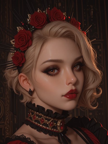 masterpiece, best quality, 1girl, portrait, (very short hair), blonde hair, curly hair, black makeup, red lips, brown eyes, <lora:carmillas_outfit_mabusius_illustrious_v1.0:0.6> carmillas outfit, carmillas collar, carmillas wreath, abstract background, <lora:MoriiMee_Gothic_Niji_Style_Illustrious_r1:0.75>, realistic, Cinematic Lighting, artist:moriimee, looking at viewer