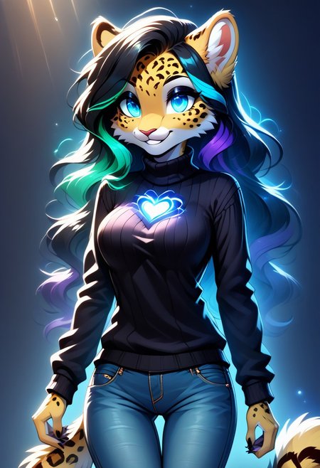 digital_media_(artwork) hi_res, score_9, score_8_up, score_7_up, score_6_up, score_5_up, score_4_up, rating_safe, beautiful, intricate, high quality details, highly detailed, anthro, furry, female, detailed textured fur, fur tufts, fluffy, slim, slender, cute, sweater, baggy denim jeans, detailed sexy eyes, coy smile, solo, SFW, leopard, long hair, multicolored hair, streaked hair, absurdres, highres, goth, heavy eyeliner, heavy eye shadow, breasts, gaming, glowing hair, glowing spots,