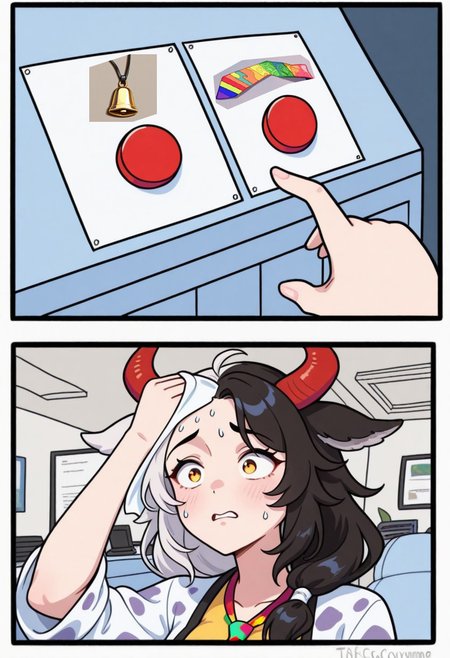 mikus-concept, hand reaching out, pointing at buttons, pointing, two red buttons, BREAK, sweating, nervous expression, wiping forehead, upper body, BREAK, comic panel,
(colorful_necktie:1.3), ushizaki_urumi, split-color hair, low-tied hair, hair over shoulder, straight hair, cross-eyed,
photo_background, office,
masterpiece, best quality, absurdres, [dynamic pose]