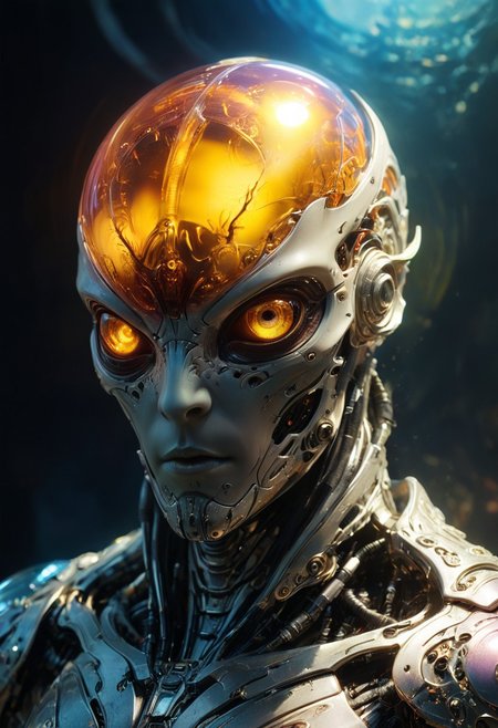A multicolored translucent artialien, (translucent head:1.6), glowing eyes, neon highlights, 
hyperdetailed realistic illustration, intricately detailed, highest quality, closeup, 
BREAK, stylized photo, ultra level of detail and precision in the art, masterpiece, mixed media, intense mood, detailed shading, 
subsurface scattering, light leaks, soft shadows, film grain, Dutch angle, narrow DoF, cinematic composition, mystic haze, dusty atmosphere, close-up, very detailed skin and scares, HDR, RAW photograph, eye catchlights, mystic haze, dusty atmosphere