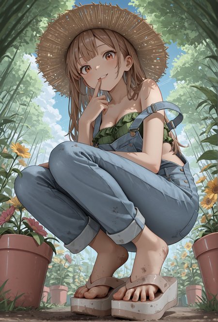 masterpiece, best quality, 
(mlsa flip flops), (platform footwear:1.2),
dirty shoes, dirty feet, (tiptoe:1.2), (spread toes:1.2),
finger on lips, curious, looking at viewer,
low angle, foot focus,
1girl, 
squatting,
straw hat, gardening, outdoors, dappled sunlight,
short denim overalls, strap slip, green frilled bandeau top,
medium breasts, 
happy, cute face,