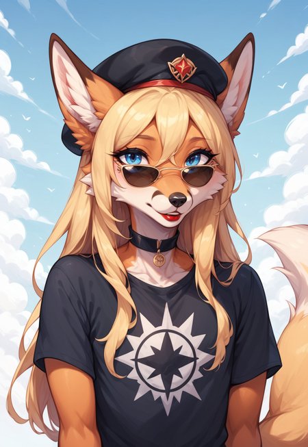 masterpiece, score_9_up, score_8_up, score_7_up, score_6_up, score_5_up, source_furry, (best quality:1.1), ultra-detailed, high resolution, 1girly male, anthro fox, feminized male, Girly, Femboy, Sissy, (beautiful blue eyes), Long eyelashes, red lipstick, Long eyelashes, Blonde long hair, black nose, Fox tail, sunglasses, black t-shirt, black beret with the emblem BREAK portrait, upper body BREAK Highly Visible, sharp focus, perfect lighting, anatomically correct, extremely detailed, high detail, Expressiveh, abstract background, OverallDetail, zPDXL3