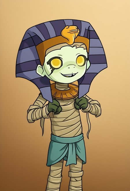 1boy, solo focus, Green Skin, Yellow Eyes, Egyptian Headdress, Mummy, Bandages, Loincloth, smile, missing teeth