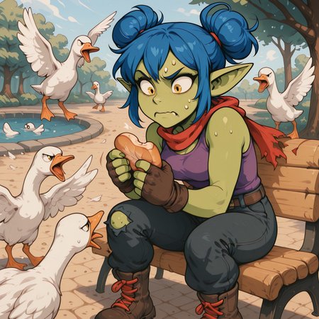 Sniktcore-sdxl, aijalon,

female goblin, original character,

vivid lime green skin, electric cobalt blue hair styled in messy space buns, hot magenta streak in right-side bangs, bright sun yellow eyes, sharp almond-shaped eyes, expressive confident gaze, high contrast pupils, triangular green fingernails,

flowing red scarf, sleeveless deep purple tank top, dark cocoa brown fingerless gloves, ripped midnight blue utility pants, dark cocoa brown combat boots with red laces,

panicked expression,

brightly lit urban park next to a pond, sunny day, park bench, clutching bread, bread crumbs, goose ambush, 6+ geese,

cel shading, clean lineart, stylized, masterpiece, consistent eye design, symmetrical eye rendering, comic-style eye shading, cinematic color contrast,