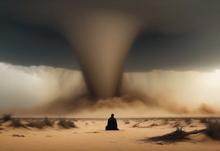 desert, day, sand storm, sand tornado,
 graphic style of novel comics,dark novel, 2d, 8k, hyperrealism, masterpiece, high resolution, best quality, ultra-detailed, super realistic, Hyperrealistic art, high-quality, ultra high res, highest detailed, lot of details, Extremely high-resolution details, incredibly lifelike, colourful, soft cinematic light,
giant tornado vortex,
back view, 
rear view of a shaman sitting on the sand, black skin, African,