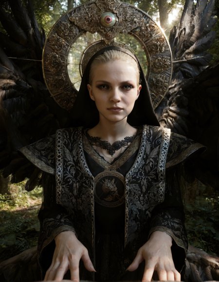 score_9, score_8_up, score_7_up,score_6_up,high resolution,mrnd,1girl,forest,blonde hair,long hair,veil,black robe,mechanical halo,feathered wings,volumetric lighting,rim lighting,sunny,sun,day,dof,solo,close-up,from side,looking at viewer,pov,barefoot