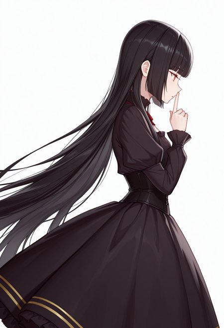 Smooth Quality,masterpiece,very intricate, high quality details, ultra realistic, high detailed skin,detailed enviorement,absurdres,
shushing,
 <lora:Atre_CNR:0.8> atre_cnr, 1girl, black hair, very long hair,blunt bangs, red eyes,, simple background, white background, from side,solo,, depressed,, blouse, ,corset top,  ,circle skirt,  ,