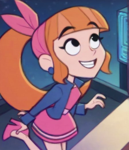 1girl, 2d artwork,masterpiece, <lora:teodoraponyv2:0.8> teodora, score_9, score_8_up, score_8, source_anime, teodorapony, 1girl, solo, jewelry, earrings, long hair, orange hair, black eyes, bandana, bangs,  ponytail, high heels,  blunt bangs,skirt, pink footwear, ponytail, pink dress, high heels, pink skirt, jacket, dress, ((night time, city, neon lights)),cowboy shot, looking up, smiling, happy, from above