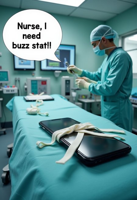 ((text "Nurse, I need buzz stat!" and cinematic still from an emergency ward melodrama), ( a giant smartphone is lying bandaged on a hospital gurney ) (in a bright operating room)), ((a soap opera surgeon ) is standing behind the gurney), ( a speechbubble is visibly seen in frame above the surgeon), (seen in the speechbubble the words "Nurse, I need buzz stat!" are printed legibly , the entire text "Nurse, I need buzz stat!" is seen in the speechbubble)).