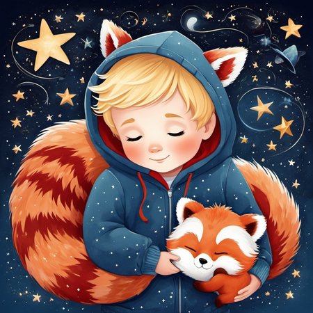 illustration, children's book, simple art of a sleeping toddler boy with short wavy blonde hair wearing a hoodie, holding a single stuffed animal red panda. dreamlike, stars, swirls, galaxy, kid