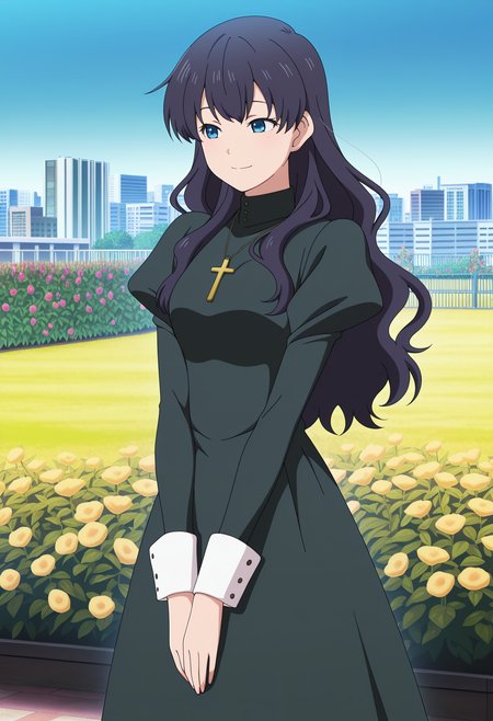 masterpiece, best quality, anime screenshot, anime, 1girl, solo, <lora:Roberta [Illustrious] Black Lagoon:1>, RTE, blue eyes, black hair, long hair, wavy hair, black dress, long sleeves, juliet sleeves, cross necklace, outdoors, city, smile, garden, blue sky, flower,