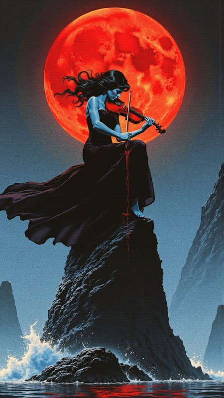 halftone dots, analog horror, a 2d illustration of a beautiful woman with blue skin and black hair in a long flowing black dress blown by the wind, standing on a tall rock in the middle of a lake at night playing a red violin, blood red moon with craters on it behind her, blood dripping from the violin, waves crashing on the rock she sits on, red light reflects off the lake, detailed face, barefoot, wave crashing behind her onto the rock, <lora:Halftone_Flux:1>  <lora:sxz-Dark-Fantasy-v2-Flux:1> drkfnts style