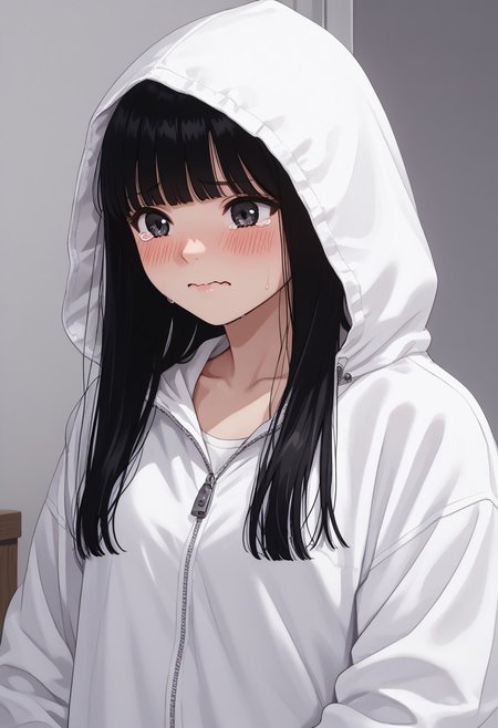Masterpiece, Highest Quality, Score_9, Score_8_up, Score_7_up,
source_anime. anime style. masterpiece, highres, absurdres. Best resolution
1girl. Baek Dasom. black hair. long hair. blunt bangs. black eyes
solo, 1girl, collarbone, hood, jacket, blush, white hooded jacket, no clothes inside. nipple. 
embarrassed. teary eyes. wavy mouth
