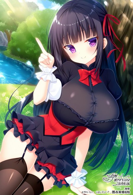 score_9, score_8_up, score_7_up, source_anime, BREAK, 
mitsumomo style, 
(cute 1girl), (solo), (huge breasts), (long hair), black hair, bangs hair, blunt bangs, (mini ribbon), hair ribbon, (purple eyes:1.1), 
frilled, (frilled white shirt), (short sleeves), (puffy sleeves), button, red bowtie, (filled), frilled mini skirt, highwaist skirt, (black thighhighs), garter belt, 
(jitome, squinted eyes), 
(smile), 
(pointing own mouth), head tilt, 
angle:random, 
outdoors, tree, grass, shiny light,