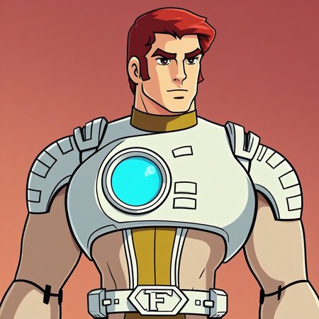 captainfuture, captfuture, cptfut,"A full-body front view of a highly fit male futuristic space adventurer with a muscular physique, wearing a sleek, skin-tight bodysuit in beige (#ceb69a) with gold (#a0872b) and white armor elements. The suit is made of high-tech synthetic fabric with a matte finish, tightly hugging the body and revealing well-defined muscles. The character has short, neatly styled red hair and thick red eyebrows, with sharp brown eyes. The chest armor features a glowing blue circular element encased in glass, resembling an energy source. White shoulder pads, chest and back armor, wrist guards, and a belt with a bold letter 'F' on the buckle enhance the futuristic look. A gold stripe runs down the center of the suit from the collar to the groin, with matching gold rings around the elbows, knees, and ankles. The hands and feet are seamlessly covered in the same bodysuit material, appearing as gloves and sleek futuristic boots in the primary beige color. Additional white armor elements are attached to the outer sides of both thighs. The background is a soft, neutral gray."